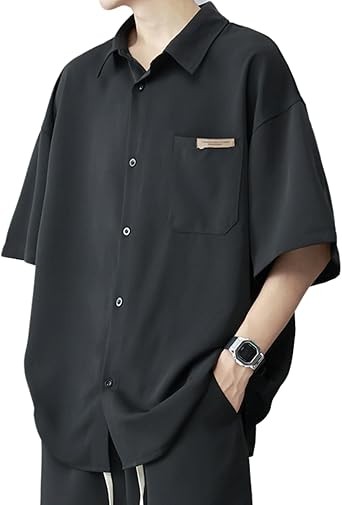 [foveitaa] シャツ メンズ 半袖 夏服 メンズ 五分袖 おおきい サイズ ゆったり アイスシルク 涼感 かっこいい 通気性 快適 軽い 柔らかい ビジネス カジュアル ビッグ シルエット 無地 おしゃれ シンプル オシャレ