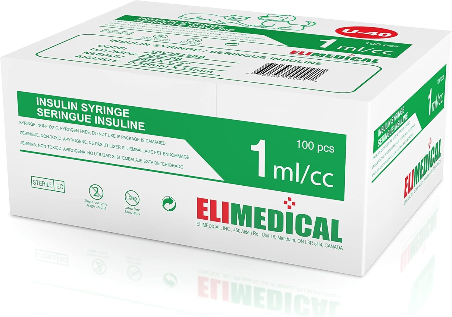 Elimedical 獣医インスリン注射器 40IU (U-40) 1cc (1ml) 28G x 1/2インチ (12.7mm) 個別包装 ペット 猫 犬用 1箱100個入り 10V2813BB