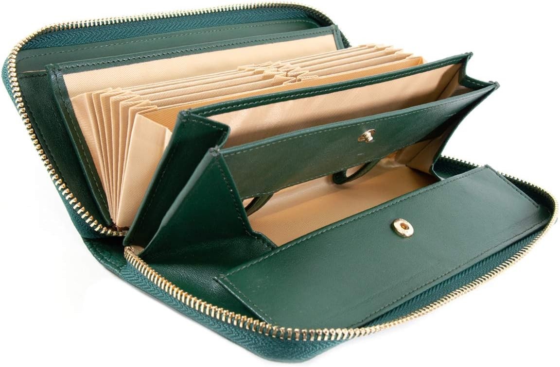 [RafiCaro] 財布 レディース ギャルソンウォレット 牛革 長財布 緑 レシートと小銭 仕分け BOX型 コインスルー 大容量 グリーン