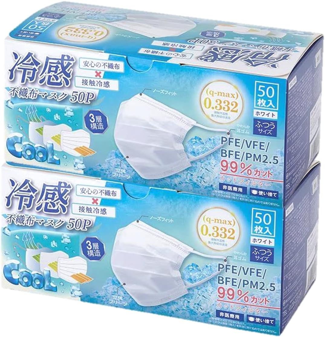 [ヒロ・コーポレーション] 冷感マスク 不織布 2箱 100枚 白 3層構造 99%カットフィルター
