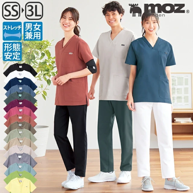 [moz モズ]なめらかストレッチ肩スナップスクラブ(男女兼用) スクラブ 白衣 かわいい 医療 メンズ ナース服 医療用 レディース女性 男性 半袖 看護師 調理 ナース 介護士 アンファミエ