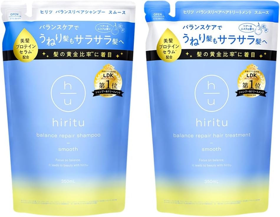 hiritu(ヒリツ) バランスリペアシャンプー ヘアトリートメント スムース 詰め替えセット バランスケアでうねり髪もサラサラ髪へ 美髪プロテインセラム バランスキープセラム PPT系/アミノ酸系洗浄成分 毛髪補修成分とキューティクルケア成分が髪の内部と外部にアプローチ ノンシリコン ペアー＆ムスクの香り