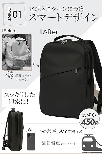 [NORZENIA] 【ミニマリストの女性に】 新登場、薄さ8cmのスマート リュック レディース 14インチPC A4 撥水 薄型 軽量 450g 通勤 ビジネス きれいめ 通気性 クッション性 ビジネスバッグ