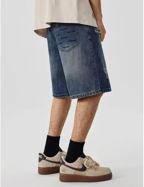 メンズ デニムショートパンツ, ダメージ加工, ワイドフィット, ウォッシュ加工, カジュアルパンク風, 夏用 [並行輸入品]