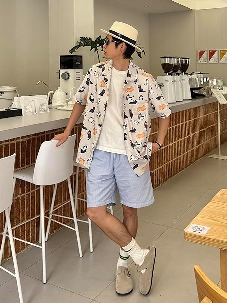 [CHANGE WELL] メンズ 2025春夏 カジュアル ファッション 夏服 半袖 開襟 動物 猫柄シャツ