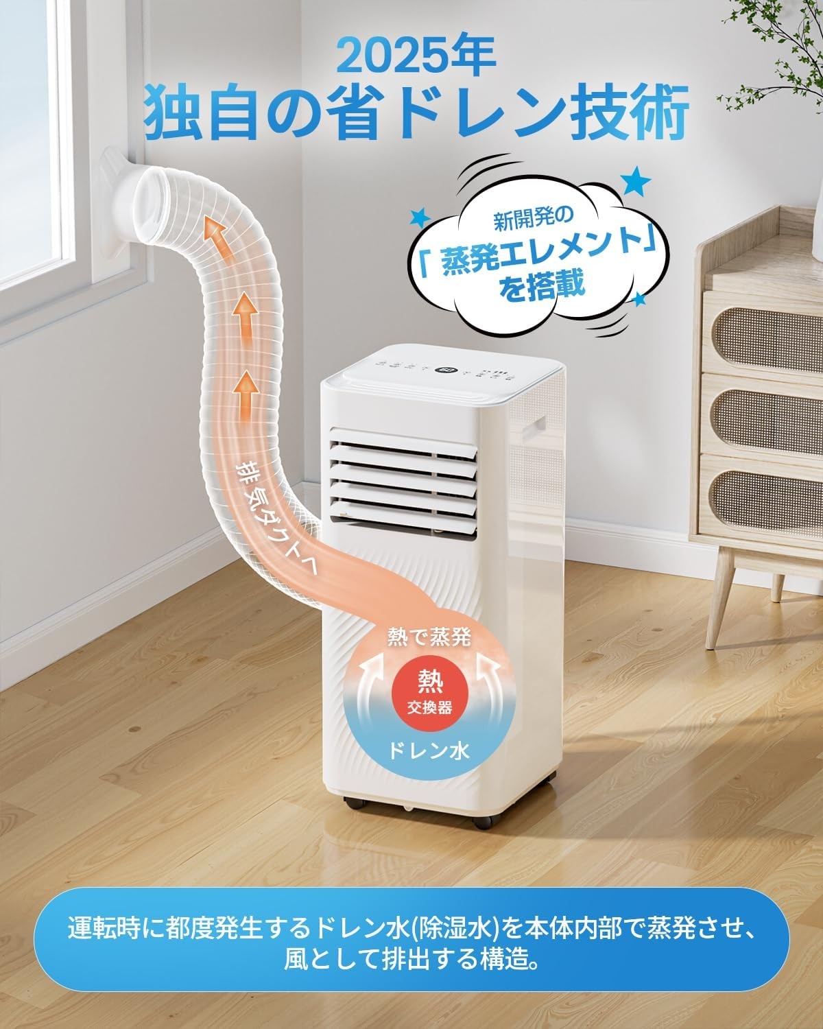 Nayuoo スポットクーラー 家庭用 スポットエアコン 工事不要 2.34KW【2025最新進化小さく、薄く】移動式エアコン 8畳 冷房 除湿35L/日 送風 ノンドレン式 ポータブルクーラー 静音 小型 業務用 移動式クーラー 置き型 ポータブルエアコン 窓パネル 排気ダクト リモコン付き 熱中症/暑さ対策 キッチン/部屋/車中泊/作業場 窓用 6畳 8畳